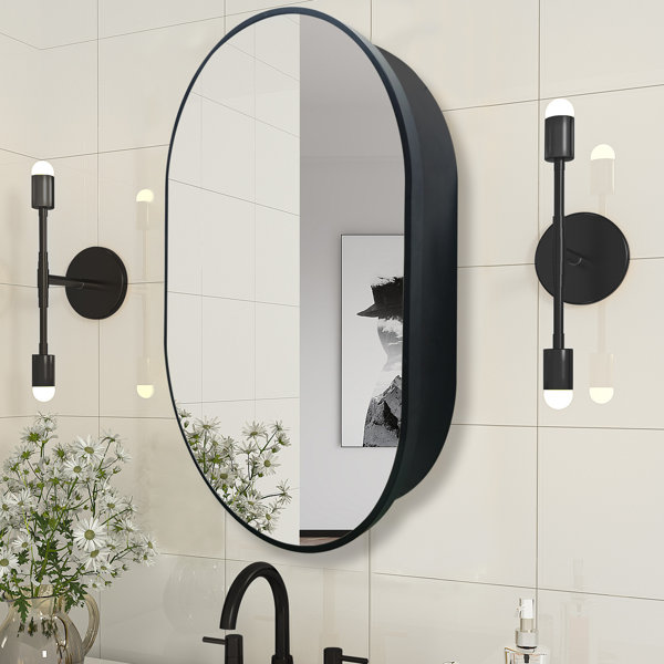 Ebern Designs 20 X 30 Inch Medicine Cabinet Mirror Black Framed Oval ...